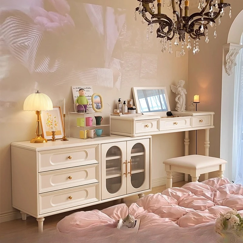 

Белый комод Туалетный столик Туалетный столик Туалетный столик для макияжа с зеркалом Французский пасторальный стиль Прикроватная тумбочка из массива дерева