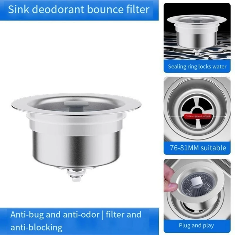 Kitchen Filter Sink Sink Strainer Drain Basket Stopping Blockage Bouncing Core Leak-Proof Plug