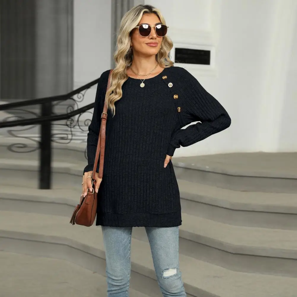 Women Button-up Blouse Stylish Women's Long Sleeve Tee with Button Details Side Slits Casual Round Neck T-shirt in for Everyday