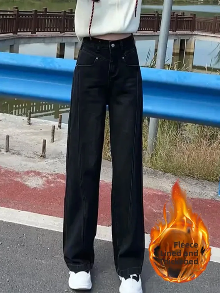 

Thiened Fce Bla, прямые узкие джинсы, женские зимние новые узкие широкие брюки больших размеров с высокой талией