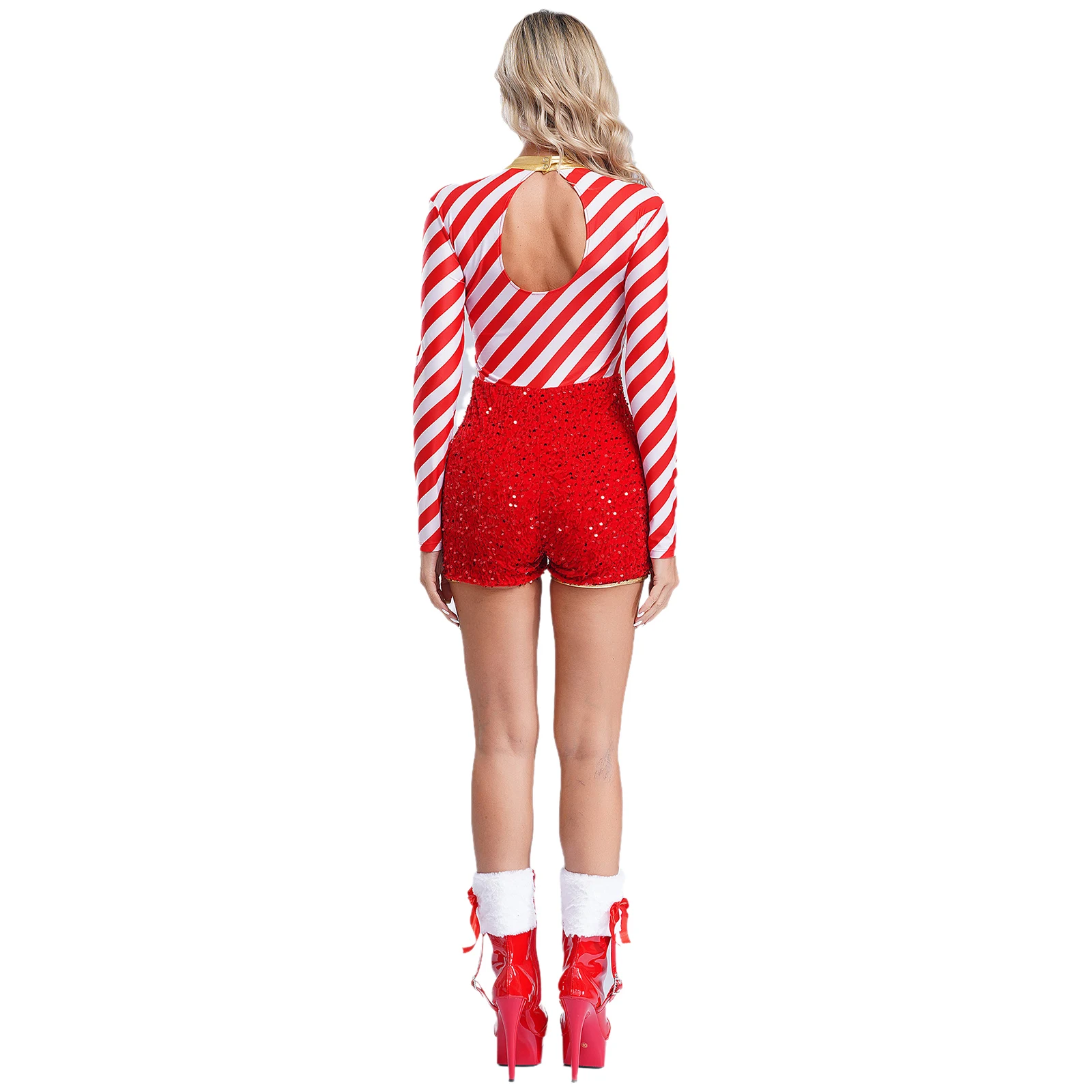 Women Christmas Ballet Dance Gymnastics Leotard Xmas Theme Party Cosplay Costume Long Sleeve Candy Cane Stripe Sequin Bodysuit