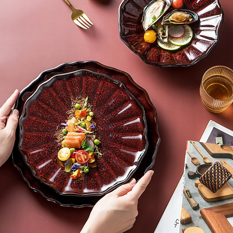 Vintage kiln turned red dinner plate Creative Alien Carnelian Red Ceramic plates Lotus leaf relief plate Cake dessert dishes