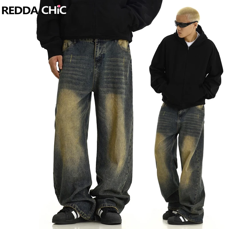 

REDDACHiC Adjustable Low Waist Men Jeans Retro Green Casual Wide Leg Whiskers Ripped Oversized Pants Skater Hiphop Y2k Trousers