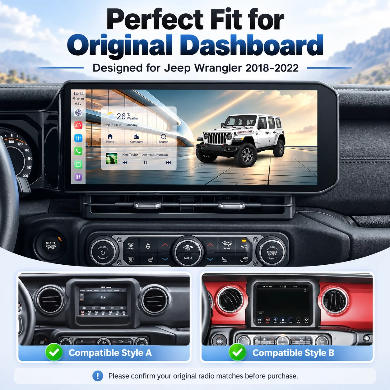 15 Inch Car Radio For Jeep Wrangler 2018-2022 Wireless CarPlay Android Auto QLED Touch Screen GPS Navigation Multimedia Player