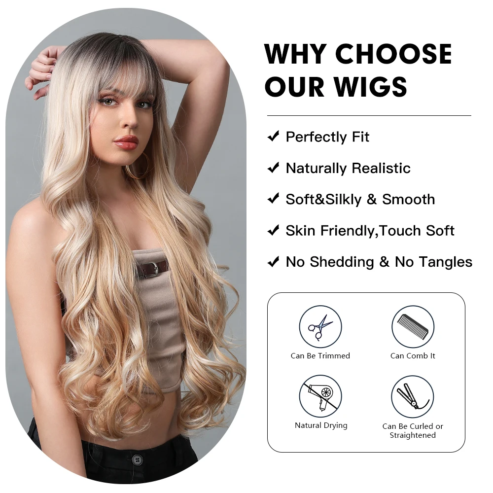 ALAN EATON Blonde Highlight Long Synthetic Wig Natural Ombre Mixed Blonde Wig Wavy Wig with Bangs Heat Resistant Daily Use Fiber