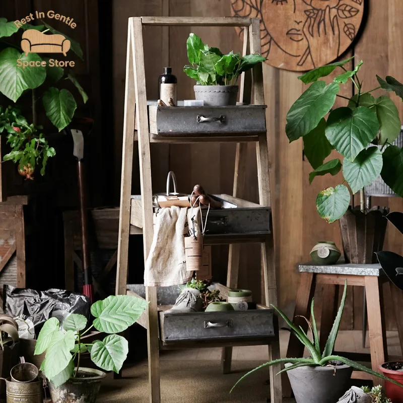 three-layer balcony flower stand room floor-to-ceiling famous wrought iron solid wood multi-layer shelf wooden handicraft