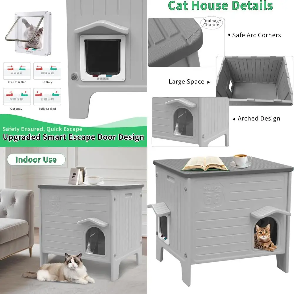 

Grey Spacious Waterproof Outdoor Cat House with Escape Door for Feral Cats, Easy to Clean