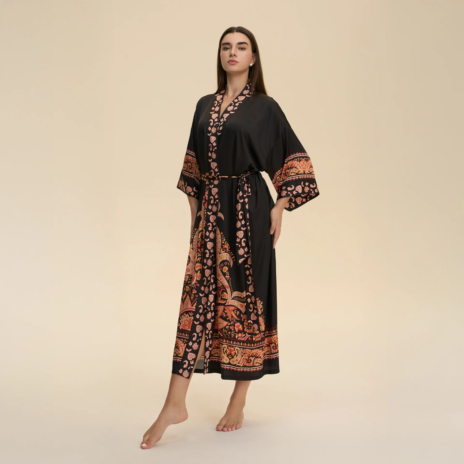 

Large Size Female Long Robe Sleep Dress Novelty Print Flower Bathrobe Kimono Homewear Loose Casual Nightwear Lounge Wear