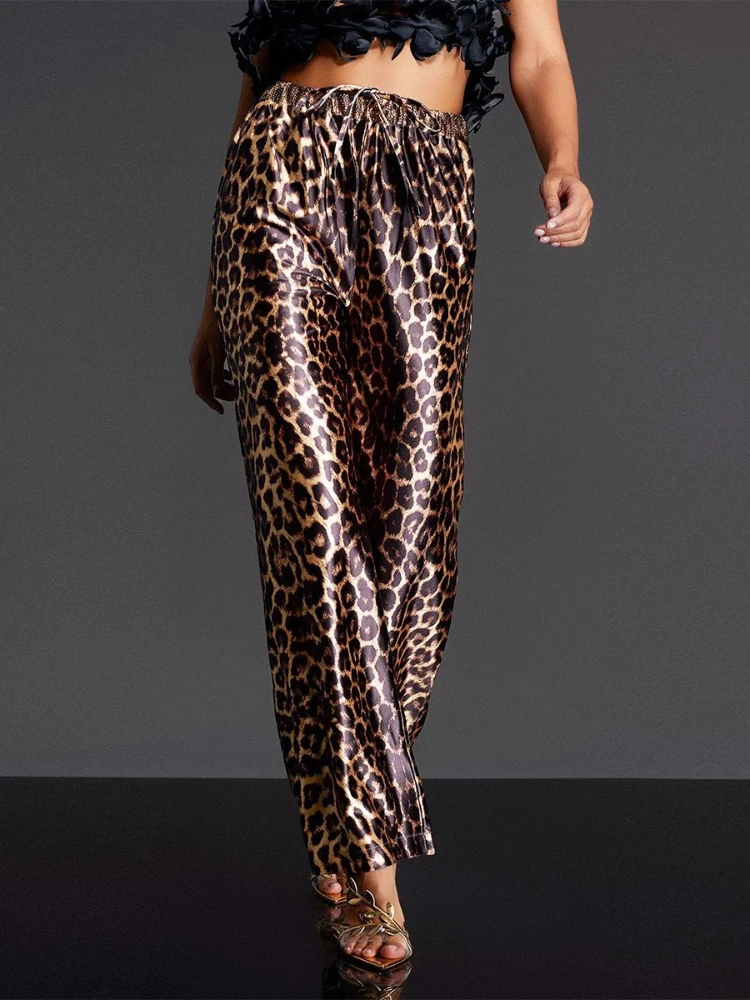 

SsTss Leopard Print Long Pants for Women Fashion Tie-up Elastic Waist Wide Leg Full Length Trousers Female Autumn Casual Pants