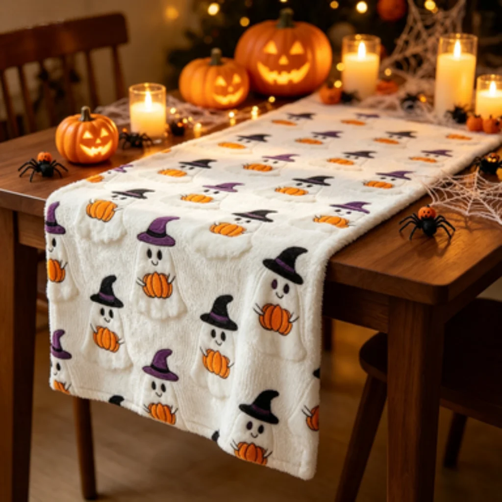 Cute Ghost Witch Hat Pumpkin Table Runner, Halloween Dining Table Flag, American Vintage Bat Ghost Pumpkin Tablecloth.