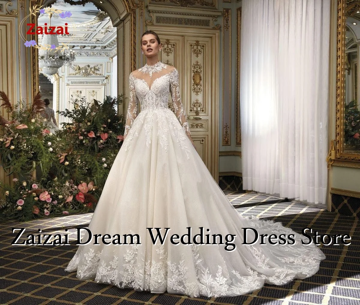 

Customzied Elegant O-Neck Buttons Up Back Long Sleeve Sequins Appliques A-Line Bridal Wedding Dress Vestido De Noiva