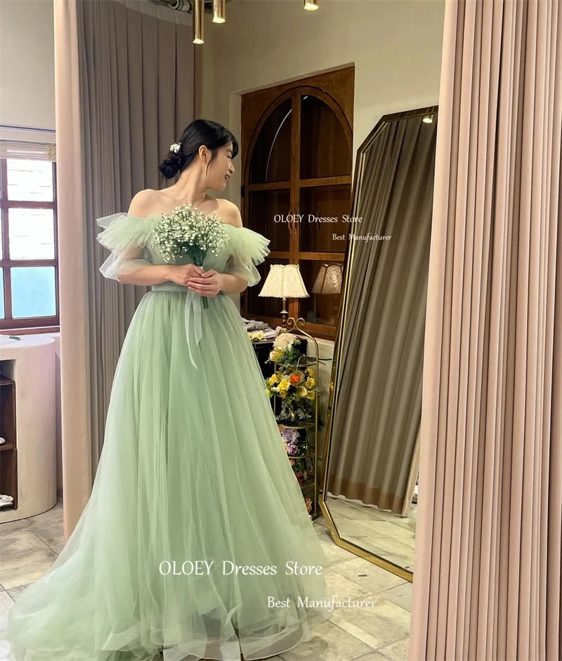 

Giyu Fairy Tulle Green Korea Wedding Party Dress Photo shoot Sleeves Tulle Prom Evening Gowns Bridal Dress Lace Up Back