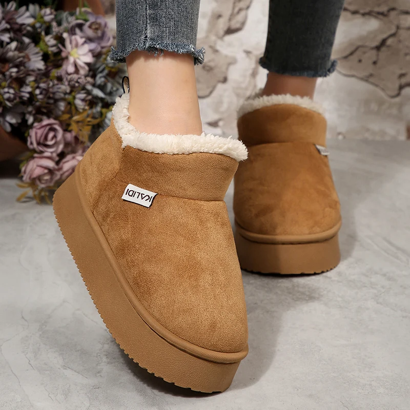 

Warm Fleece Lining Platform Snow Boots for Women Non Slip Thick Sole Winter Ankle Boots Woman Flat Heels Indoor Cotton Shoes