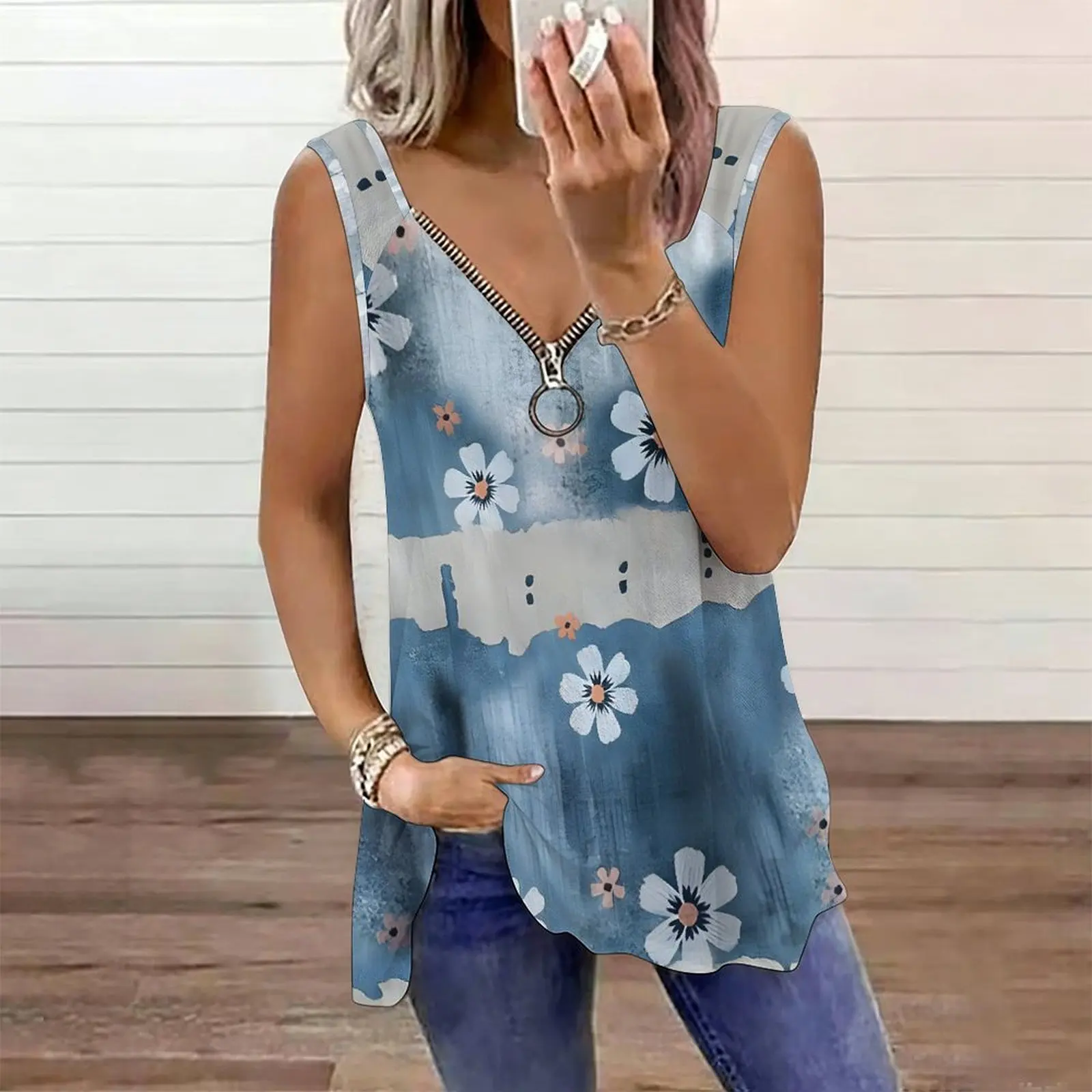 Women Print Tank Top Zip V Neck Sleeveless Tunic Shirt Irregular Hem Casual Summer Vest