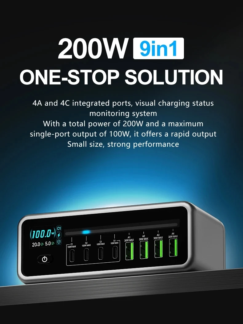 MaAnt MT-P200 200W Gan Nitride Charger Station 8-Layer Protection Auto Power Distribution, LCD Display For Safe Fast Charging