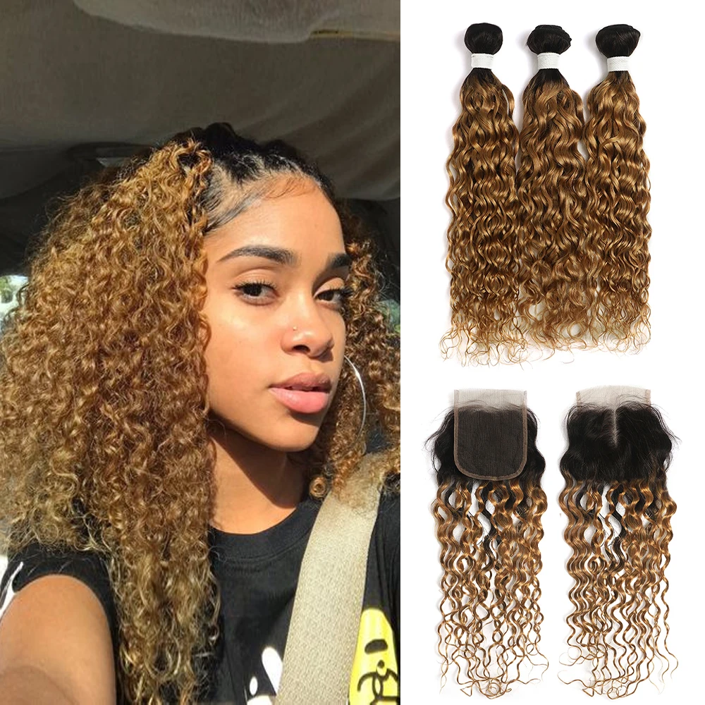 Ombre Blonde Brown Water Wave Bundles With Closure SOKU 3/4PCS Human Hair Weave Bundles With Closure Remy Brazilian Hair Bundles