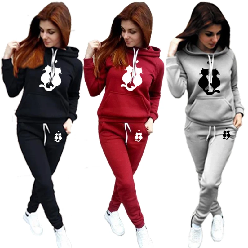 Winter New Cute Cat Love Women Sportsuits Two Piece Suits Hooded Sweatshirts Long Pants Fashion Sets