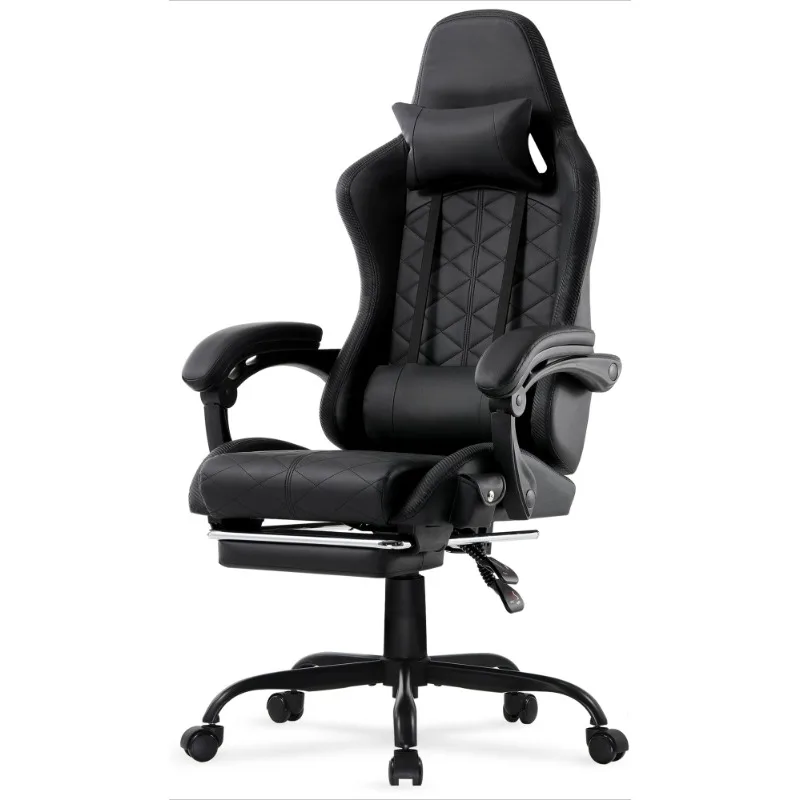 Reclining Gaming Chair with Bluetooth, Adjustable Pillows and Footrest, Black