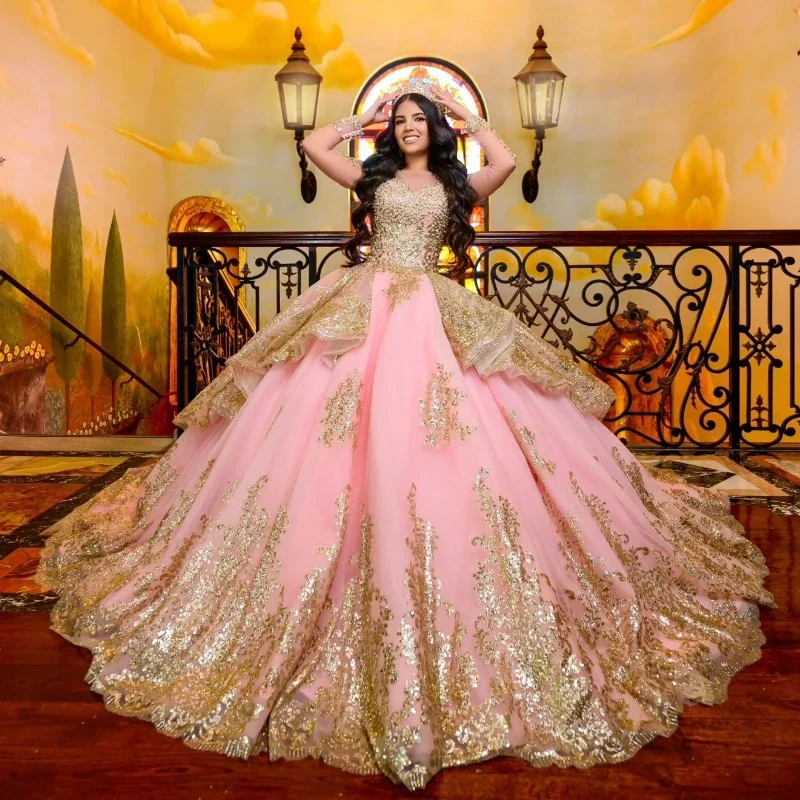 Angelsbridep personalizado Rosa dulce 16 vestido De baile Quinnceanera Vestidos brillantes apliques dorados México niñas Vestidos De 15 Años