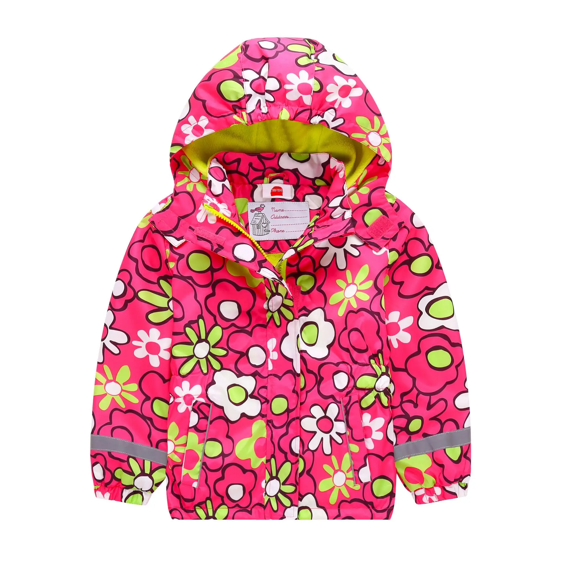 Girl\'s Jersey Windproof & Waterproof Thermal Warm Hoodie Jacket, Full Print & Reflective Details Outdoor Windbreaker Rain Coats