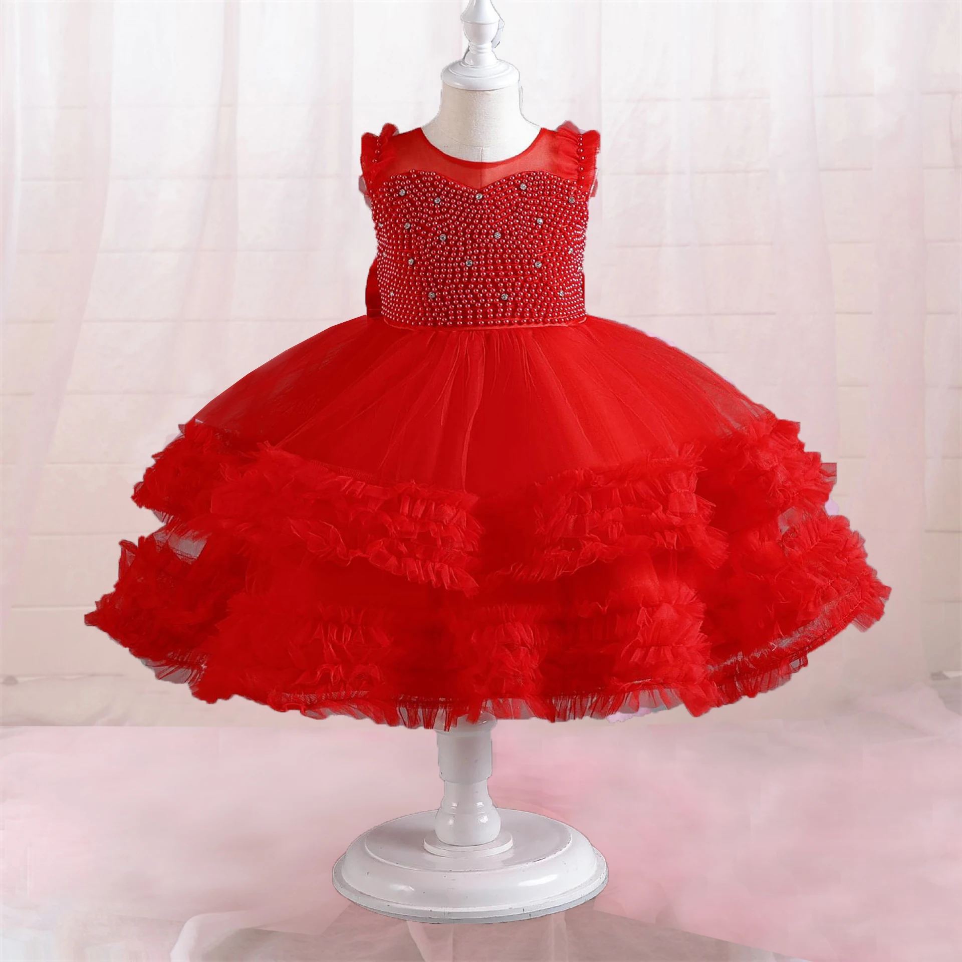 Shiny Toddler Little Girls Beaded Ruffled Wedding Flower Girl Birthday Party Pageant Dance Party Gown Y22020