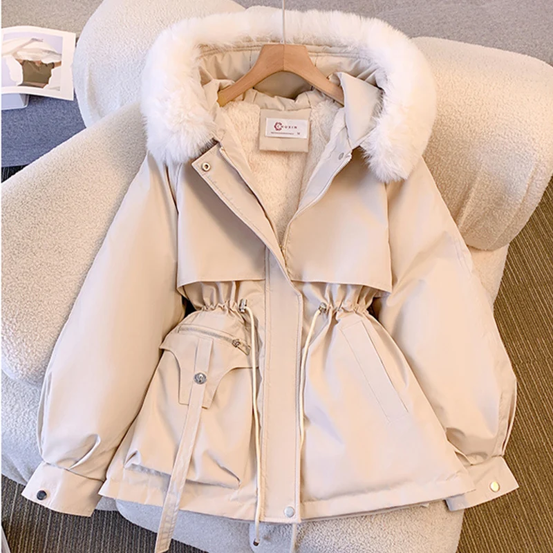 

Fashion Faux Fur Collar Parkas for Women Adjustable Waist Parka Jacket Woman Winter Zipper Up Thicken Warm Outwear Female