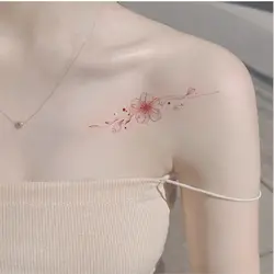 Sakura Temporary Tattoo for Women Clavicle Shoulder Art Flower Tattoo Stickers Japanese Pink Cartoon Fake Floral Sticker