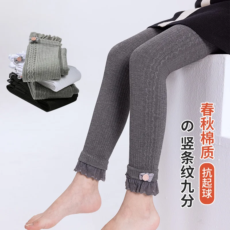 جديد ربيع الخريف الأميرة الفتيات لينة الجوارب القطنية الجانب العمودي متموج الملمس الدانتيل تنحنح القوس طماق الطفل الاطفال تسع نقاط السراويل #3