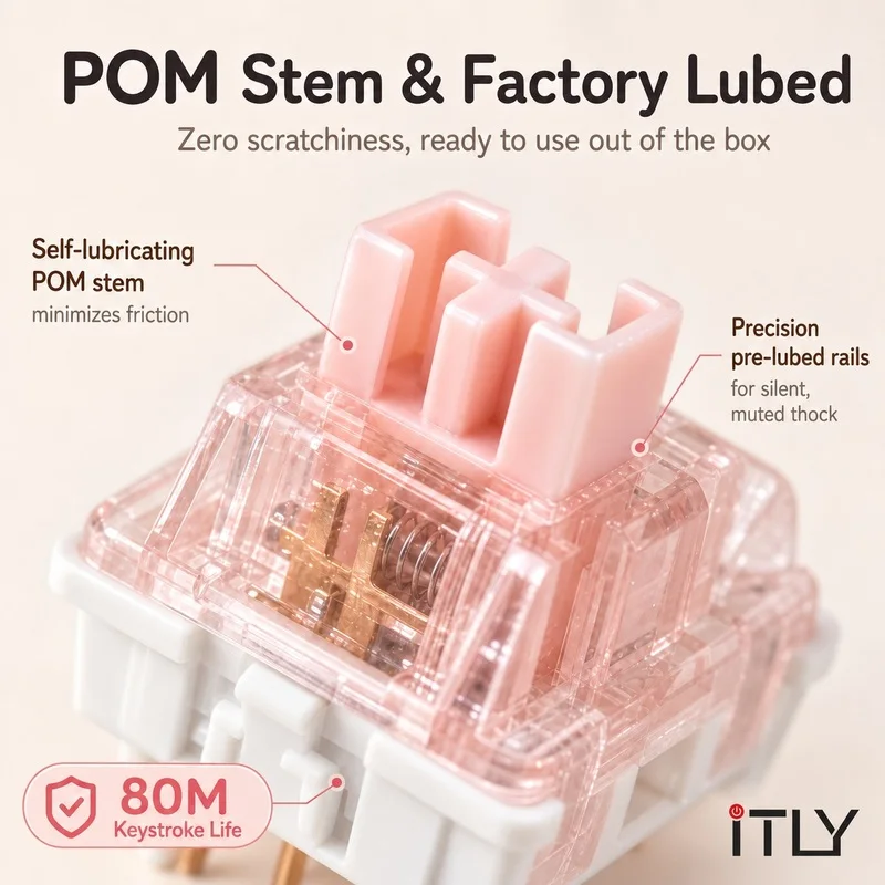 iTLY Milk Peach 5 Pin Silent Linear Switch Pre Lubed Hot Swap 1.5mm Short Trigger Switch Free Metal Puller Yellow Brush