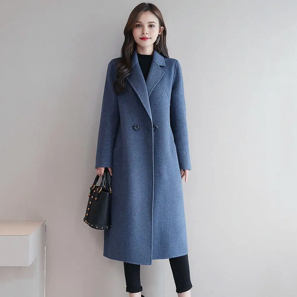 Women Woolen Jacket Turn-down Collar Pockets Solid Color Overcoat Double-breasted Loose Fit Thermal Outerwear Female Clothes