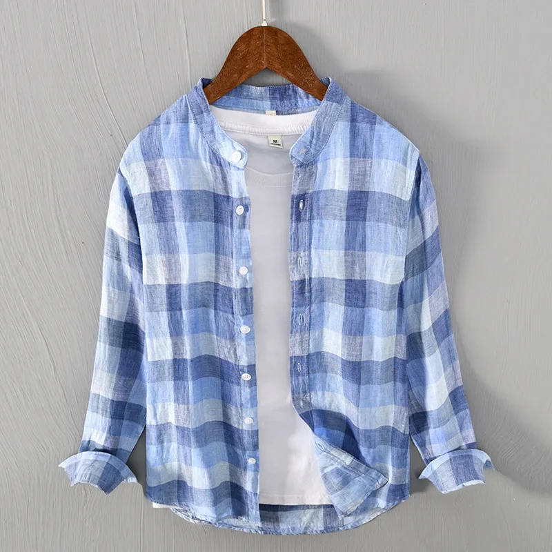 Men Clothing 2022 Fresh Striped Linen Long-sleeved Plaid Shirt Men\'s Youth Casual Shirt