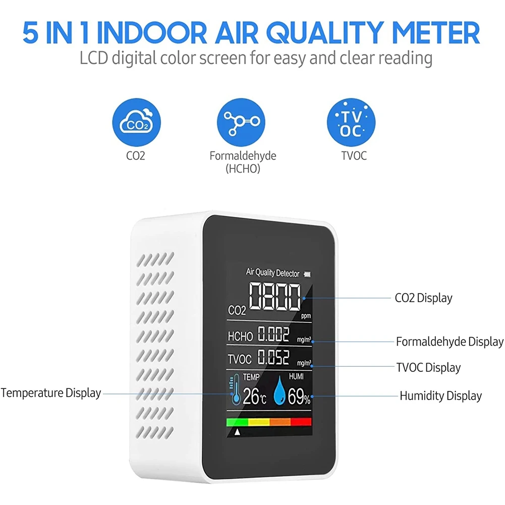 Monitor de qualidade do ar 5 em 1 TVOC HCHO Medidor de CO2 de temperatura e umidade, detector de CO2 recarregável USB branco