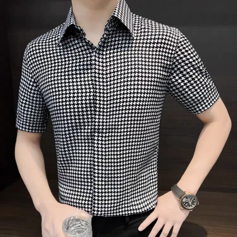

Men's Houndstooth Shirt Short-sleeved Slim-free Hot-sleeved Handsome Casual Shirt Top