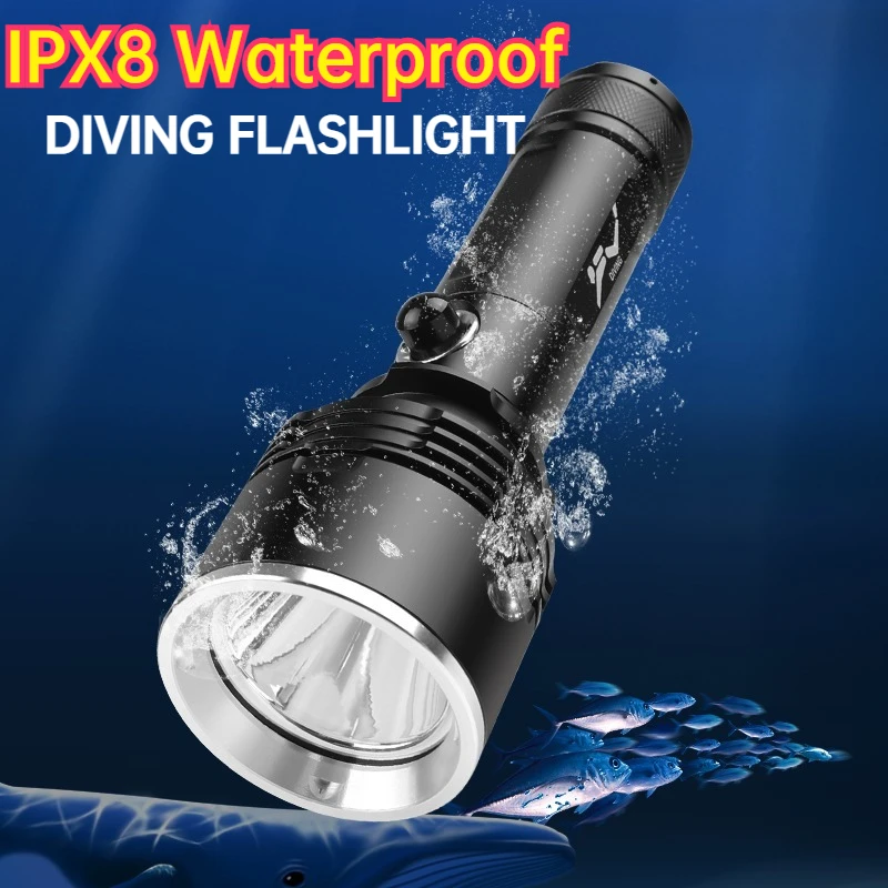

XHP70 LED Diving Flashlight Professional Dive Lantern IPX8 Waterproof Underwater White/Yellow Light Torch Fishing Lamp with Rope