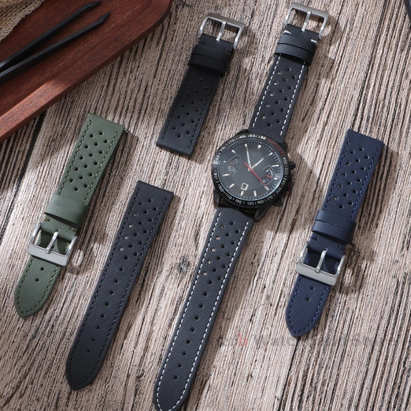 Tali Kain Layar 18Mm 20Mm 22Mm untuk Omega untuk Seiko Tali Jam Tangan Tahan Air Lembut Rilis Cepat untuk Pria Wanita Gesper Kupu-kupu