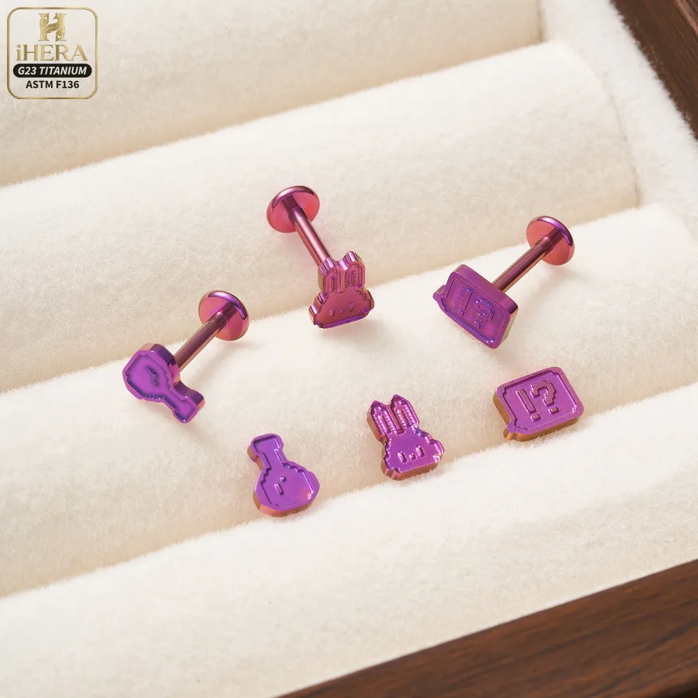 80V ASTM F136 Titan Lila Pixel Niedliches Ohrring-Set Retro Gamer Labret Piercing Helix Tragus Conch Nasenknorpel Ohrstecker Set – Detail 11