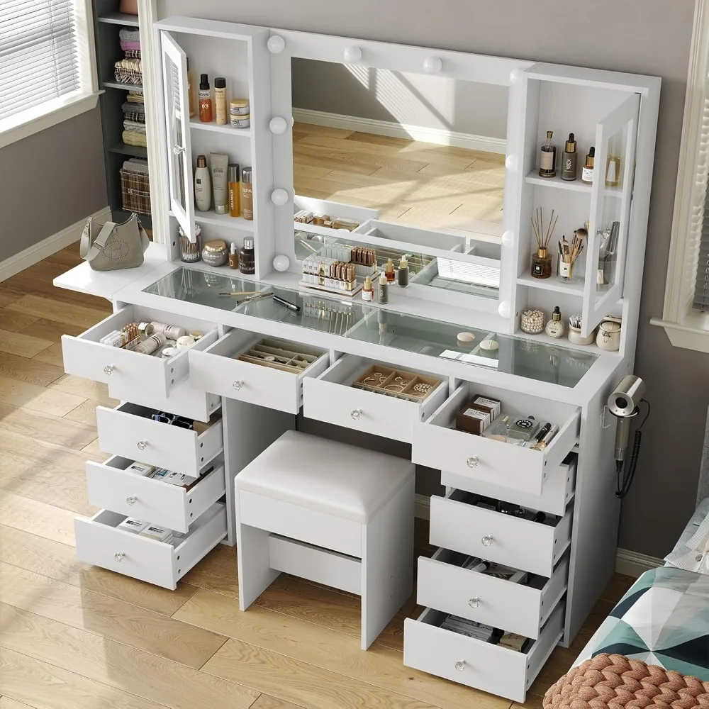 

Vanity with Mirror and 10 LED Lights,Vanity Desk with Power Outlet, Makeup Vanity with 12 Drawers and 2 Cabinets, Customized