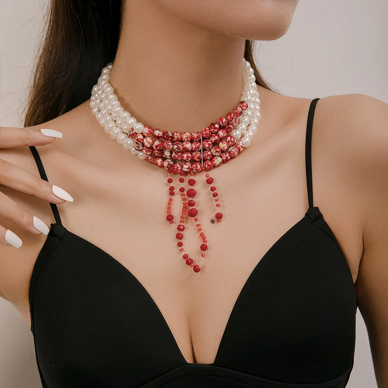 1pc Dark Multi-Layer Faux Pearl Tassel Choker – Gothic Beaded Necklace for Bridal & Everyday Style.