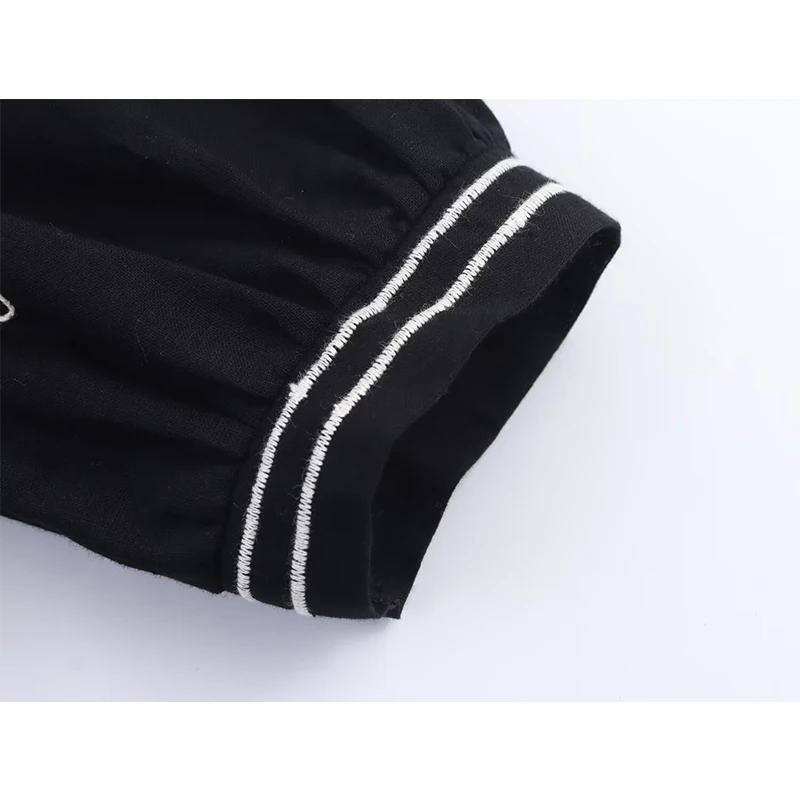 YENKYE Nieuwe 2025 Vrouwen Ronde Hals Korte Pofmouwen Borduren Zwarte Blouse Casual Vintage Zomer Tops