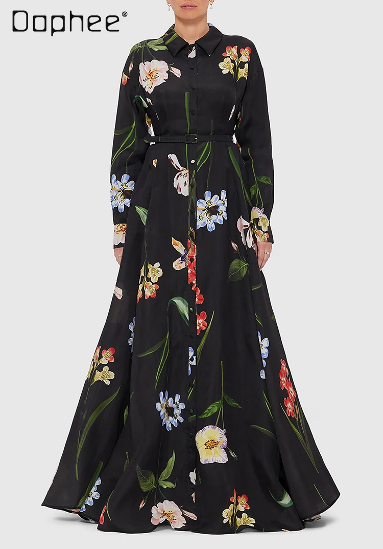 Mode Temperament einreiher Hemd Kleid für Frauen Schlank Spitze-up Große Pendel Langes Kleid High-end-schwarz Gedruckt Kleider