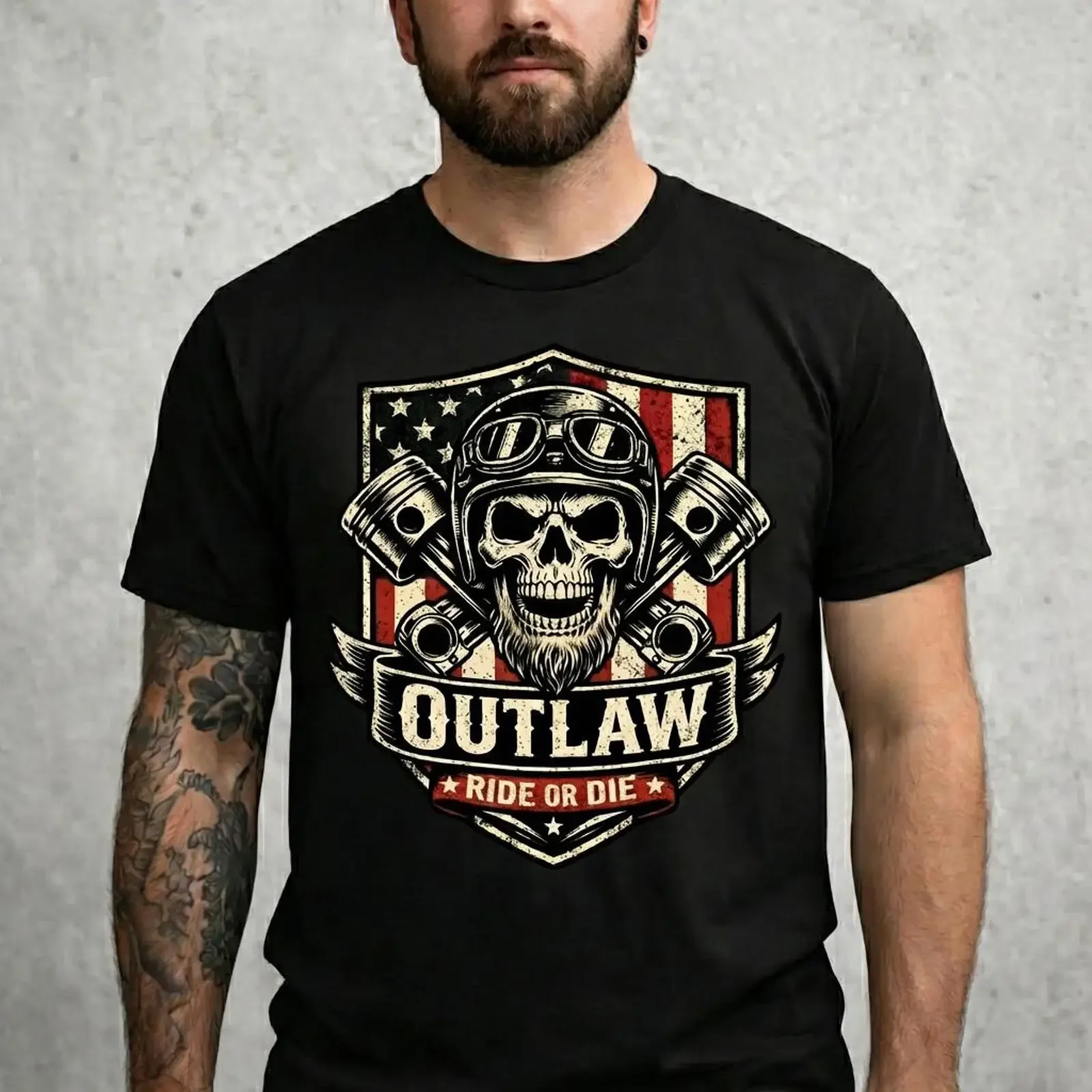 Clipart de Calavera de Motociclista Outlaw en PNG, Motocicleta Vintage, Bandera Americana, Descarga Digital, Diseño Vintage Lavado, Ropa de Diseñador Versátil