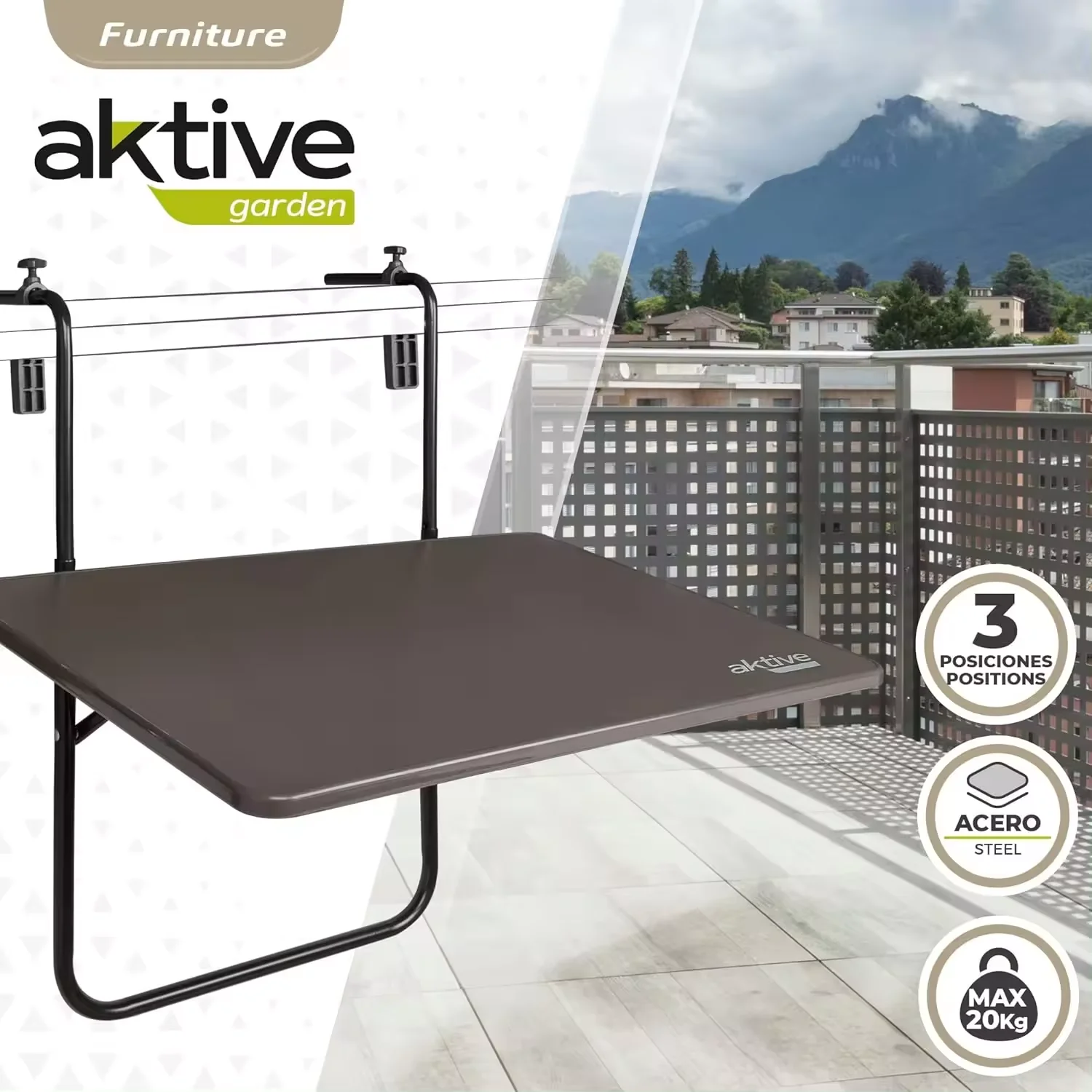 

Rectangular folding table, for balcony or terrace railing, anthracite color, 60x40x60/67 cm, adjustable height,3 tilt positions