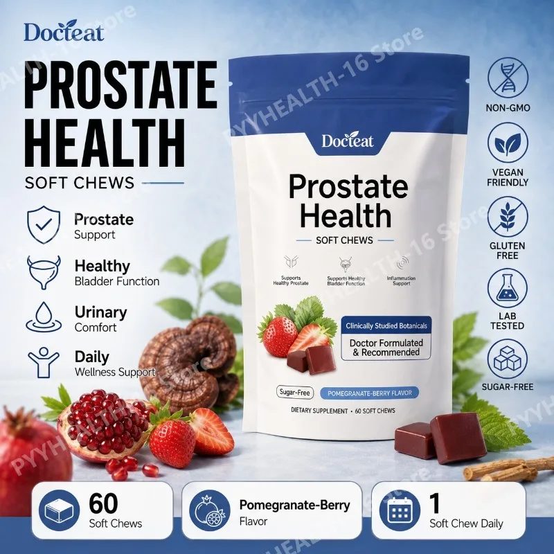 Doceat Prostate Health Soft Chews with Zinc Vitamin C and Plant Sterols, Sugar-Free Pomegranate-Berry Flavor, 60 Soft Chews