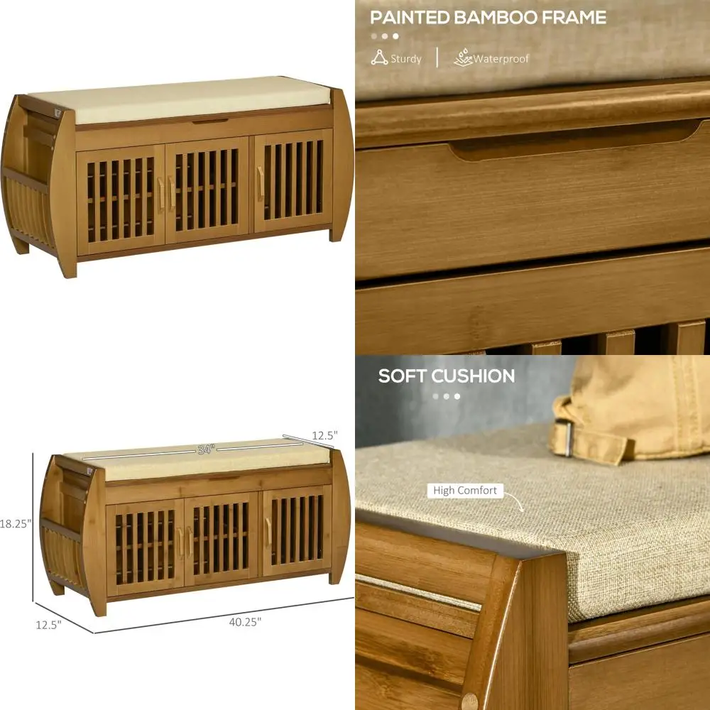 مقعد تخزين الأحذية من الخيزران مع وسادة، وخزانة ذات 3 أبواب، ورف جانبي، وحجرة مخفية للمدخل