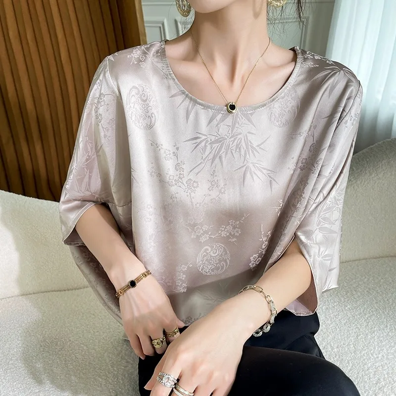 Silk Satin Batwing Sve Top Women Summer Loose Slim Fit Seven Sve irt Floral Embroidery Relief Sle Commute round Ne