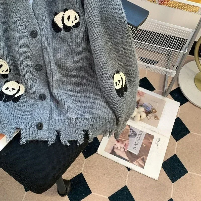 

Preppy Style Knitted Cardigan Coat Women Clothing Sueter Mujer Fashion Korean Pull Femme Embroidery Panda Oversized Sweater Tops