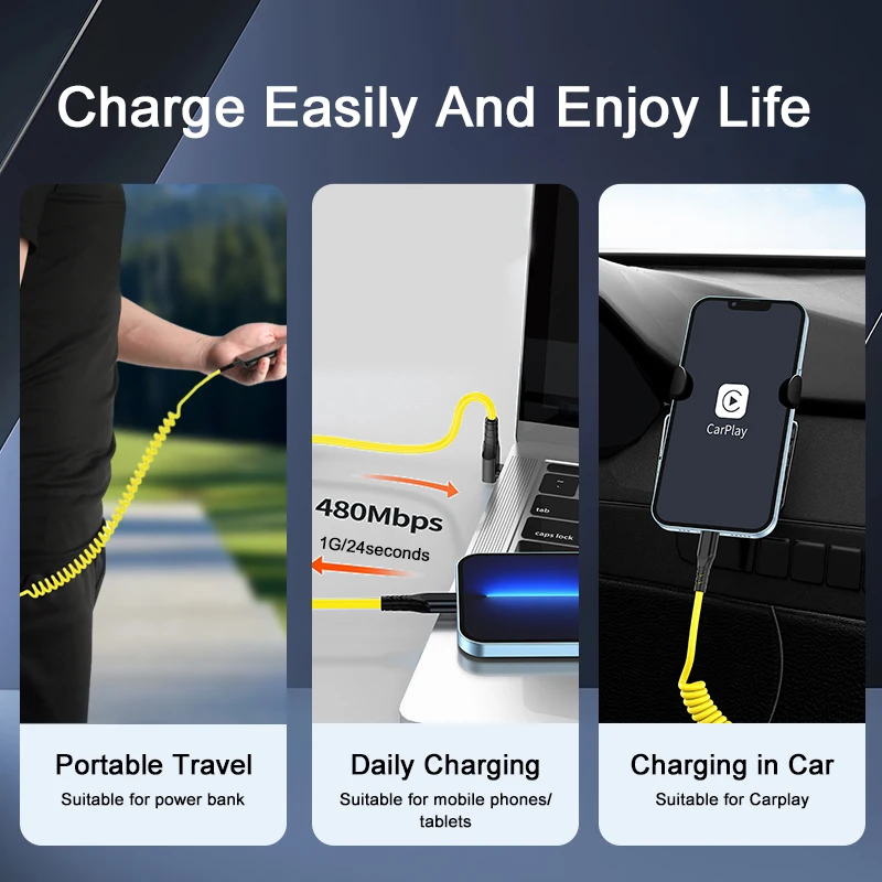 New Retractable 60W USB Type C Fast Charging Data Cable 3A 20V Car Phone Charging Cable for iPhone15 Samsung Huawei OnePlus Oppo