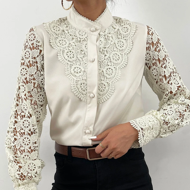 Women Elegant Embroidery Lace Blouse Shirt 2021 Spring Casual Long Sleeve Stand Collar Tops Office Lady Solid Color Blouse