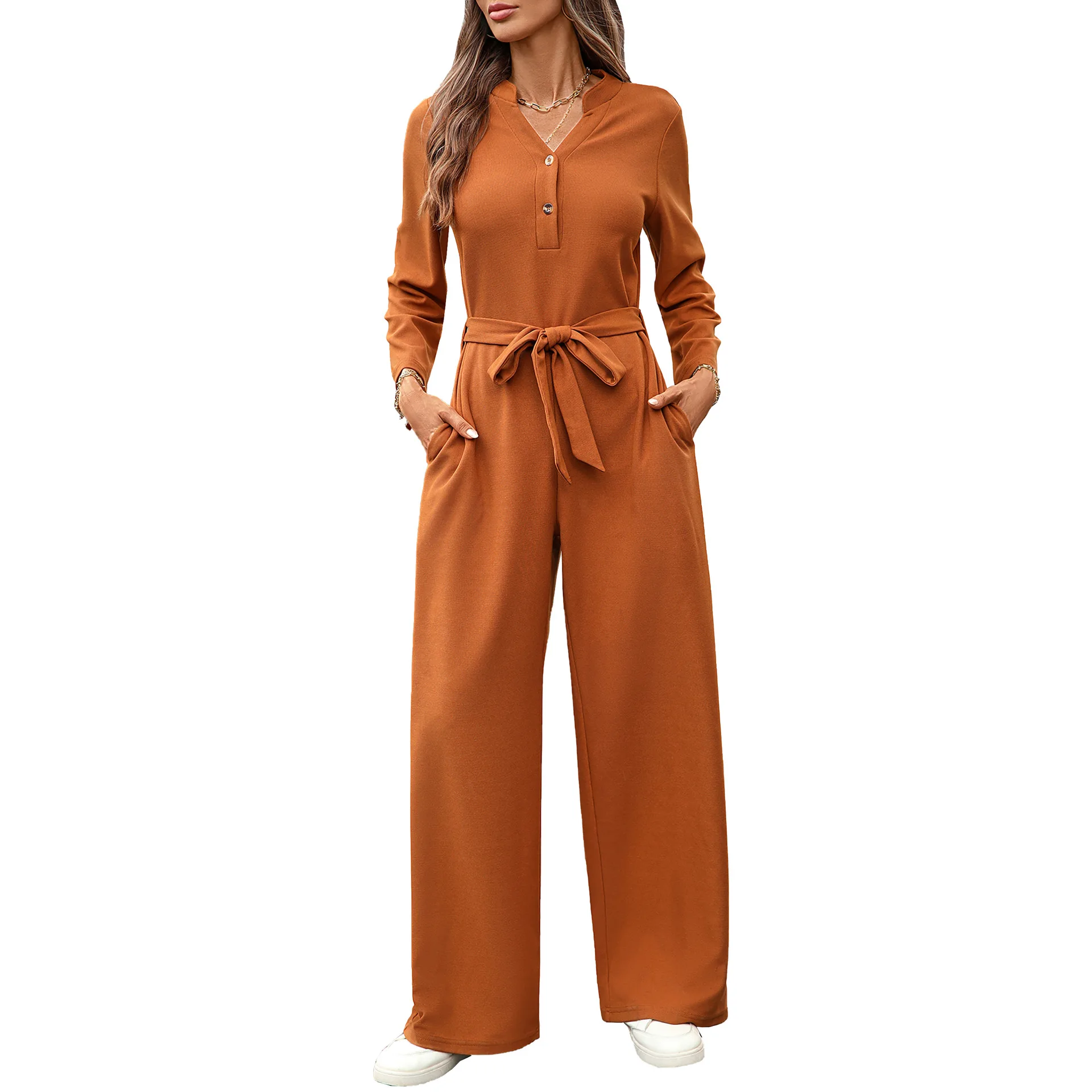 

2025 European and American Autumn and Winter Clothes Women New V-neck Button Casual Fashion Long-sleeved Pocket Belt Jumpsuit