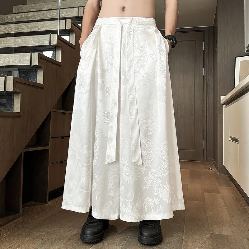 2026 Summer Men Ice Silk Wide Leg Pants Men Jacquard Loose Black Trousers Men Streetwear Vintage Harajuku Pants Samurai Skirt
